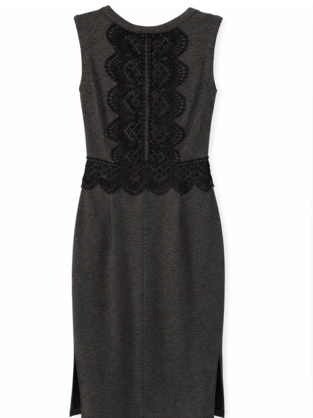 Esley Sleeveless Charcoal Gray Sheath Dress with Black Lace Trim NWT